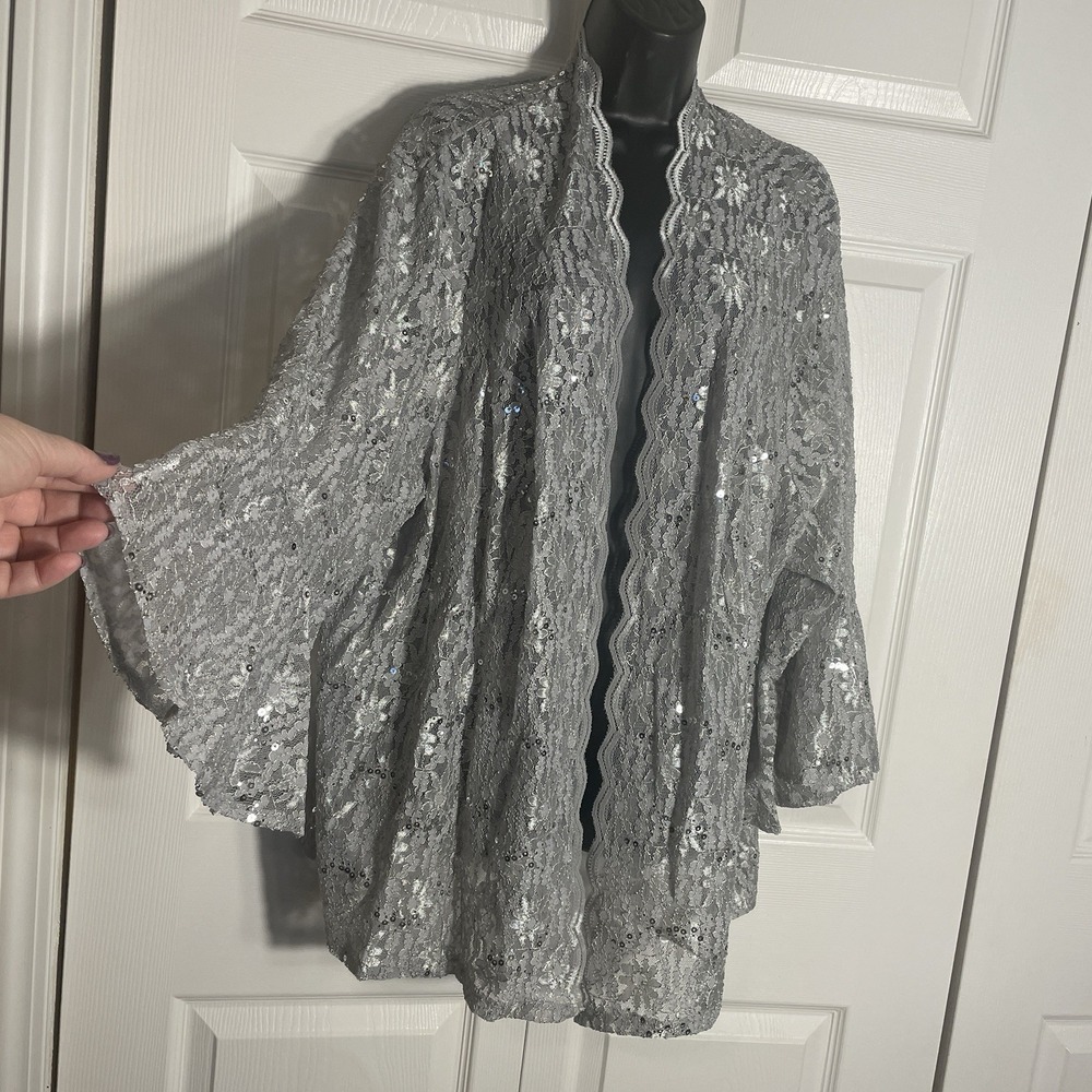 Sleek Trends Lace Kimono Jacket Women 28W Blue Sheer Open Front Sequin Fairycore